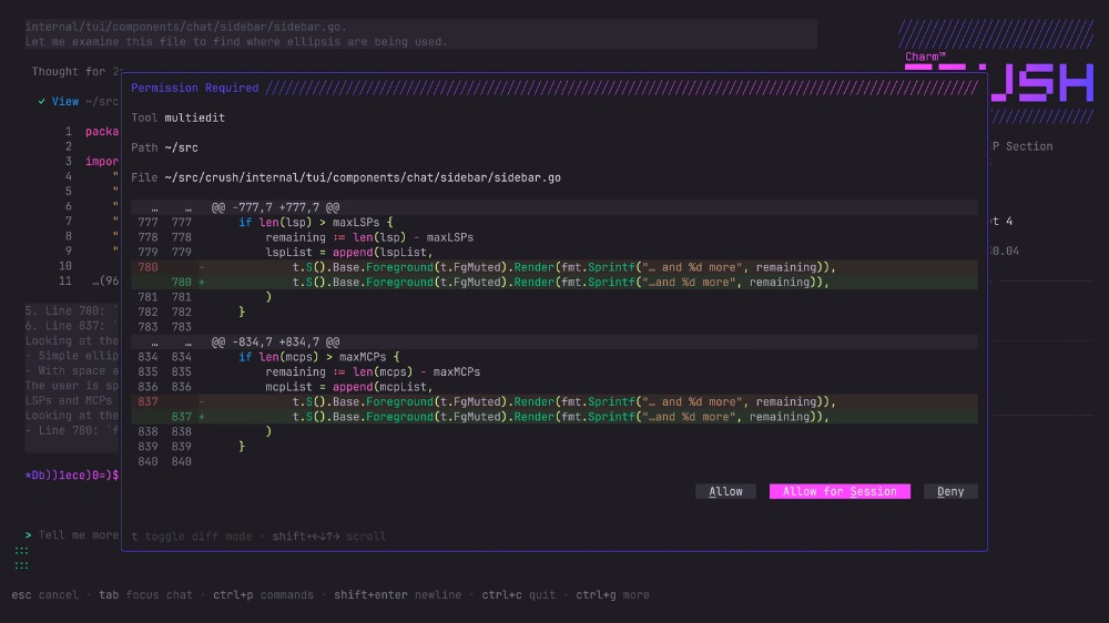 Crush AI coding terminal interface